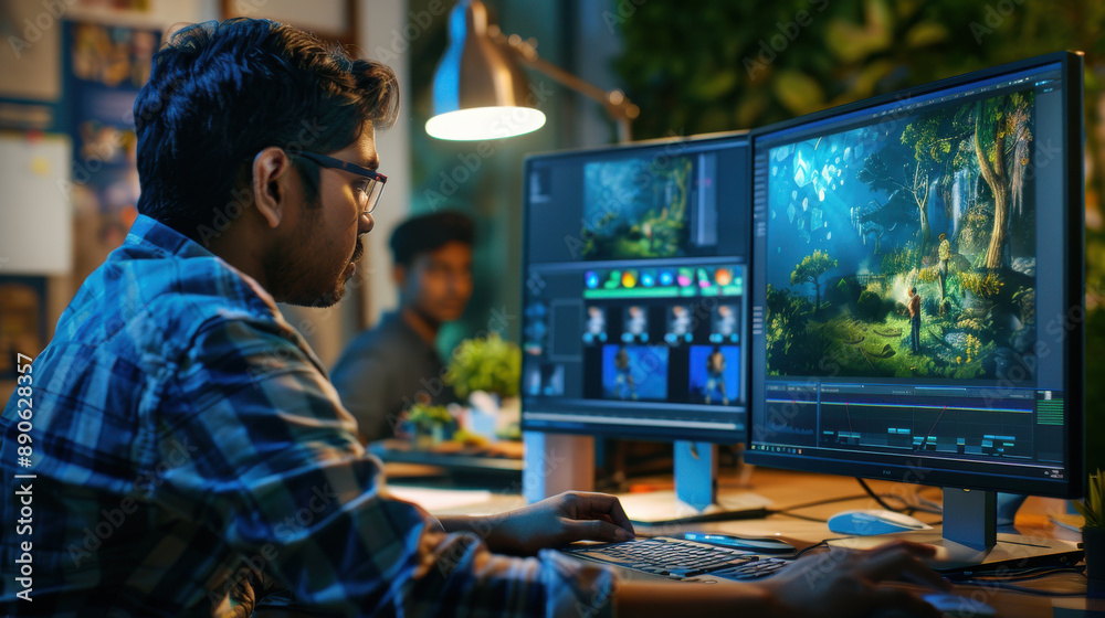 Fototapete an indian male game designer using a desktop with 3d modeling software to design detailed characters