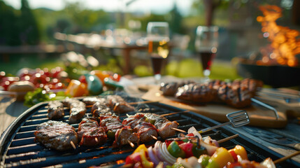 An outdoor barbecue setup with various grilled meats and vegetables, a fork placed invitingly in the foreground, advertising photography