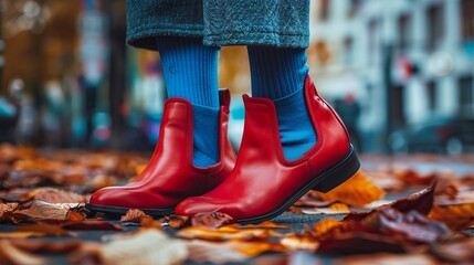 A vibrant image of red leather shoes standing out against a backdrop of fallen autumn leaves, capturing the essence of fall fashion and the season's colorful beauty on a city street.