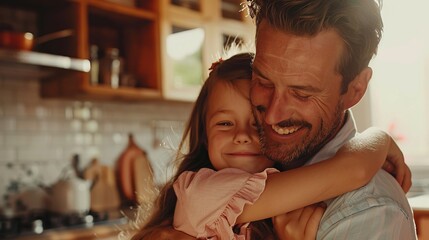 A father and his daughter are captured in a warm embrace amidst the golden light in the kitchen. Their joyful interaction showcases the deep bond and love they share.