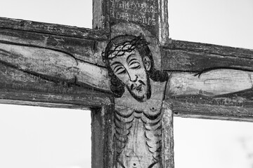 An Byzantine icon depicting crucified Jesus Christ. From a Byzantine church. Currently in a museum...