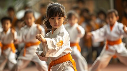 A young girl in her martial arts uniform, with orange belt, concentrating deeply as she practices her moves, representing discipline and determination.