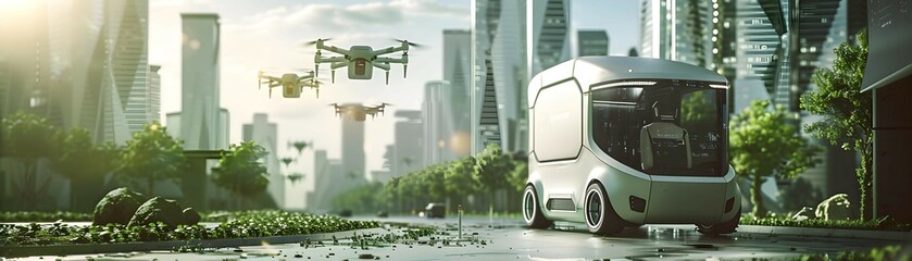 Autonomous delivery truck with drone integration, driving through a modern city with green architecture, Futuristic, 3D Render, Metallic colors, High detail