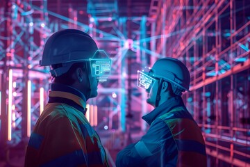 Engineers in hard hats using augmented reality on a construction site, interactive holograms, Techno-fantasy, Soft blue neon, Photo-realistic, dynamic angles.