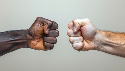 Close-up of a black man's fist and a white man's arm, fists clashing from the same hand