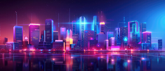 Fototapeta premium Explore a vibrant flat design showcasing a smart cityscape, emphasizing digital connectivity through modern architecture and technology integration.