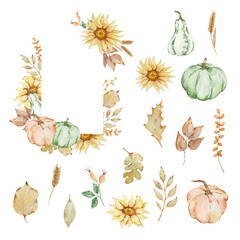 Watercolor autumn frame with pumpkin, sunflowers, fall leaves