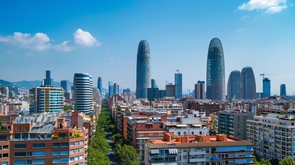 Naklejka premium A modern city skyline featuring several distinctive, futuristic dome-shaped buildings, nestled among more traditional urban structures and set against a bright blue sky.