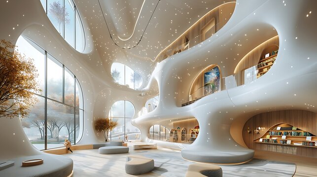 A modern school with interactive digital classrooms and holographic playgrounds. 