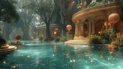 A surreal mansion with floating rooms and bioluminescent gardens, in a mystical setting. 