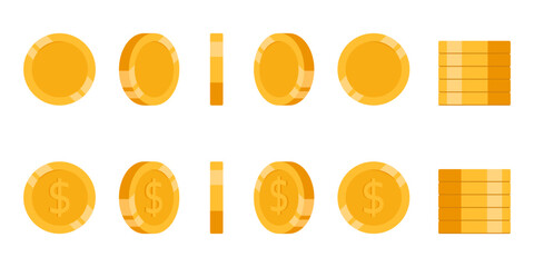 Set of rotating gold coins isolated on a white background. Set of icons of gold coins rotating in different angles for animation. Set of gold coins. Dollars. Flat vector illustration.