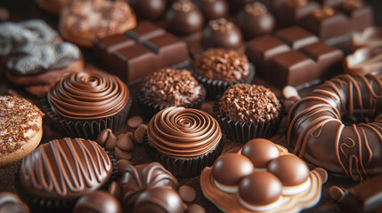 Fototapeta premium Chocolate pastry cakes and cookies in bakery. Sweet delicious dark cocoa cream food, tasty brown or black snack, yummy candy treat