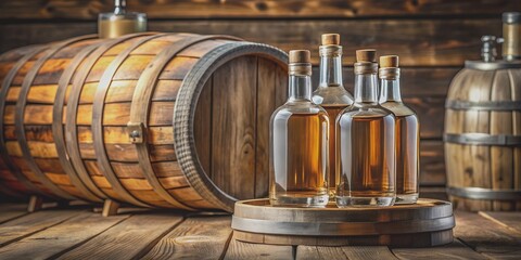Botella de destilado en barricas de madera AI-Created Content