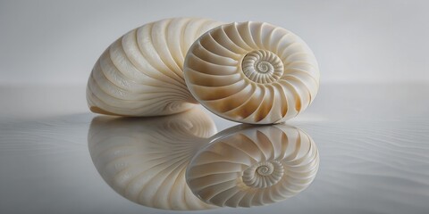 Ancient white shell with spiral pattern on white mirror background with reflection Chambered nautilus (Nautilus pompilius) Gener