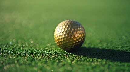 A golden golf ball lies on a verdant field, beautifully highlighted by the blurred bokeh background, evoking luxury and precision. Perfect for sports and luxury themes.