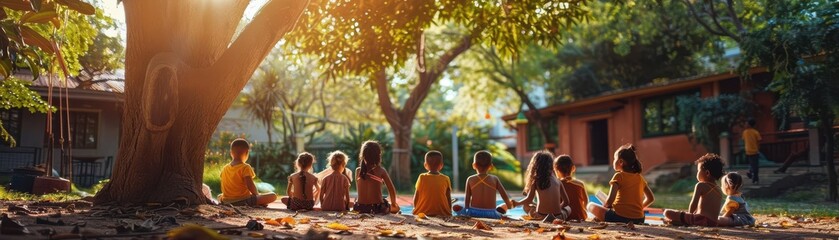 Kindergarten students having an outdoor lesson under a shady tree, engagement concept, focus on, education theme, vibrant, blend mode, school garden backdrop