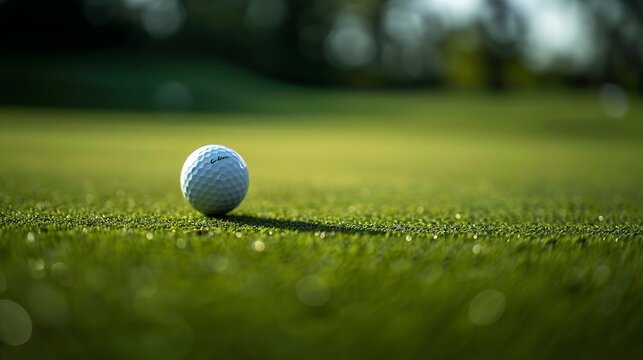 A close-up image showing a single golf ball resting on a beautifully manicured green course, bathed in perfect daylight, ready for a game of golf.