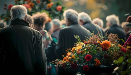 Mourning people gather around a flower adorned burial urn bidding a sad farewell to the deceased at a memorial service