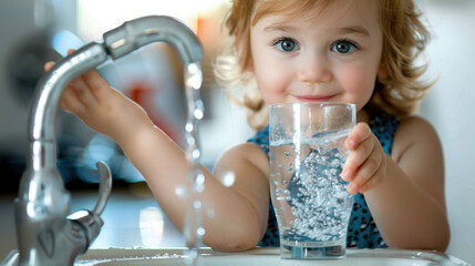 Child filling a glass with water from a tap, white background, focusing on the glass, blurred surroundings, looking at the camera
