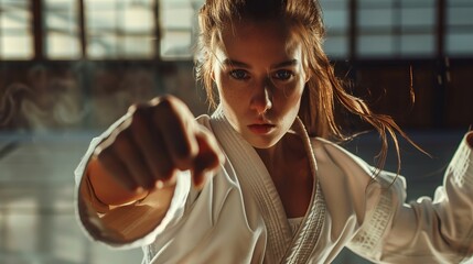 This engaging image captures a dynamic martial artist performing with precision in a controlled training environment, representing strength, discipline, and the essence of martial arts.
