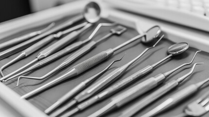 A black and white photograph displaying a neatly arranged set of dental tools on a tray, representing precision, cleanliness, and the importance of dental hygiene.