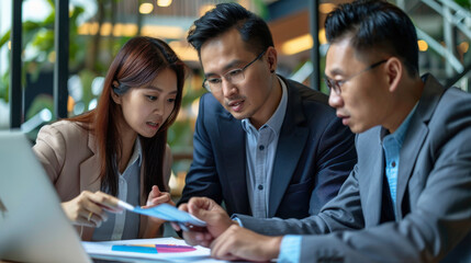 Asian managers discussing market strategies and financial solutions in a collaborative research project
