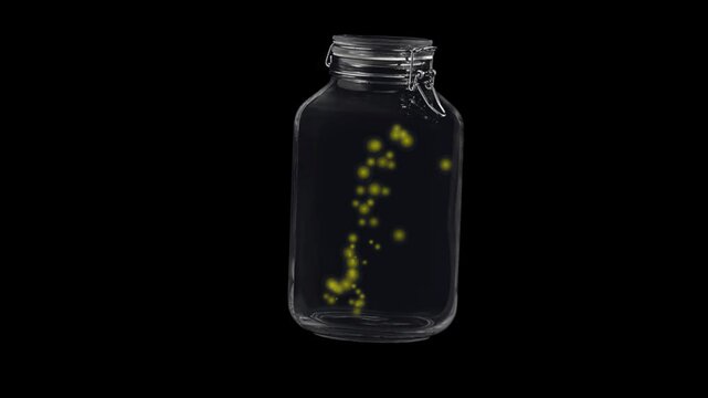 Swing animation of fireflies inside the jar. Jar with cute fireflies.
