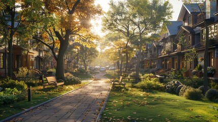 Obraz premium Charming Residential Neighborhood with Lush Greenery and Cozy Homes at Sunrise. Generative ai