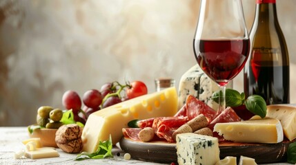 Elegant wine and cheese platter with grapes and assorted appetizers. A gourmet spread displayed on a rustic wooden table. 