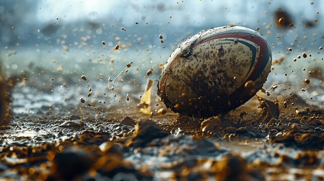 A dynamic and intense image capturing a muddy rugby ball splashing in the wet ground, depicting the energy, action, and physicality of a rugby game in challenging conditions.