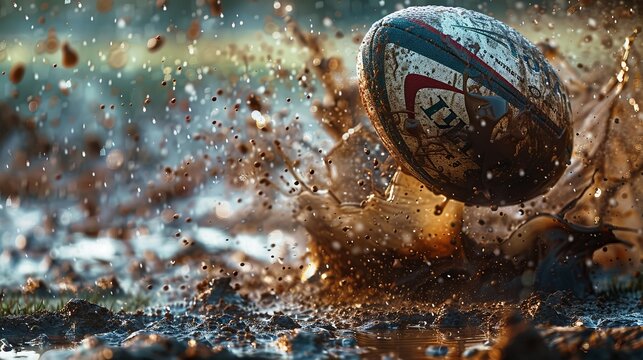 An action-packed image of a rugby ball in motion with mud splashes around it, capturing the intensity and roughness of the sport played in tough conditions, highlighting athleticism. - Powered by Adobe