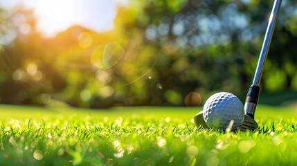 A golf club is about to strike a golf ball resting on the green grass, capturing the focus and determination of a golfer in the middle of a game with vibrant sunlight.