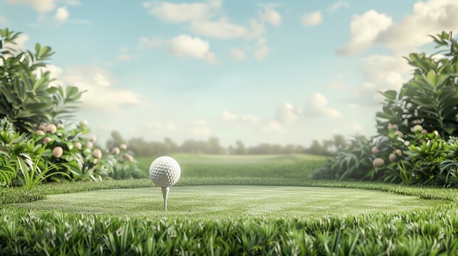 Scenic golf course with golf ball on tee, surrounded by lush greenery and a bright blue sky with scattered clouds, perfect for sports enthusiasts.