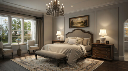 Bedroom with English Colonial interior, warm gray walls, vintage accents, inviting space