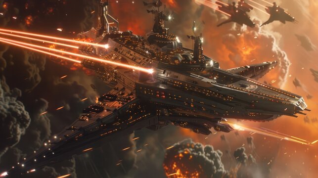 An advanced warship using energy beams to cut through an enemy fleet.