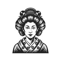Geisha, beautiful Japanese woman in traditional costume engraving hand drawn illustration isolated white background
