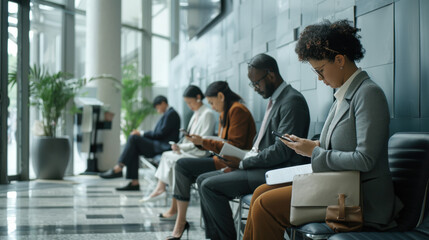 Candidates waiting in a corporate lobby, checking their resumes and interview schedules on their phones