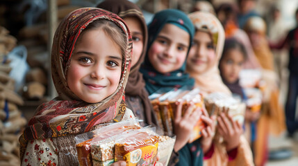 Giving and charity during Eid al - Fitr, with Muslim kids donating food to those in need, participating in community service projects