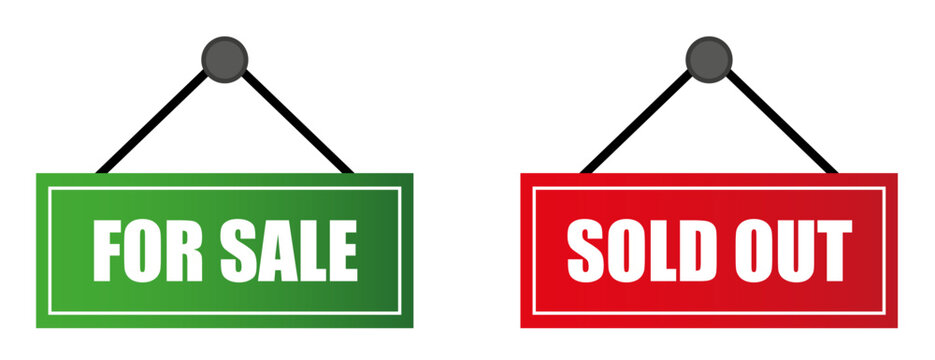 Carteles en ingles color verde "for sale" y color rojo "sold out" para gr&aacute;fica, tiendas virtuales, sitios web y app.