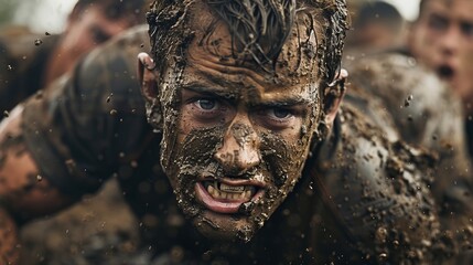 A man completely covered in mud, pressing forward during a demanding obstacle course, reflecting extreme physical exertion, mental toughness, and determination in a natural setting.