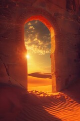 Ultra sharp photo of a dreamlike illusion portal for tourism mockup in the vast Sahara Desert