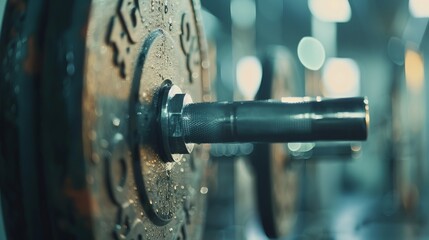 A close-up image of a heavy barbell with weight plates in a gym, highlighting the details, texture, and intense atmosphere of strength training and physical fitness.