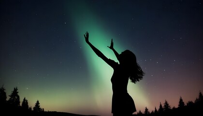 Captivating Silhouette Dancing Under the Northern Lights, Beautiful Combination of nature&rsquo;s beauty and human emotion.