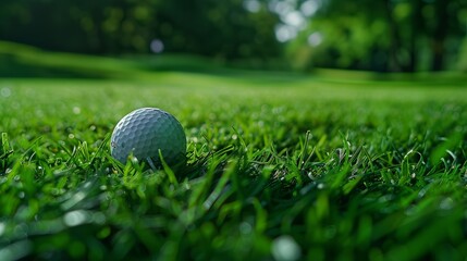 The image depicts a golf ball nestled within tall grass on a sunny day, showcasing the challenges and natural beauty of playing on a golf course with varying terrain.