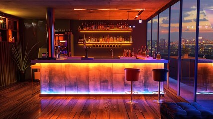 a cool bar with exciting lights that create a unique atmosphere. AI generated image