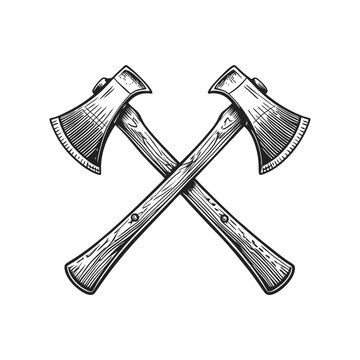 crossed axe engraving hand drawn illustration isolated white background