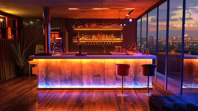 a cool bar with exciting lights that create a unique atmosphere. AI generated image
