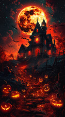 Vibrant Halloween Haunted House With Glowing Pumpkins and Full Moon