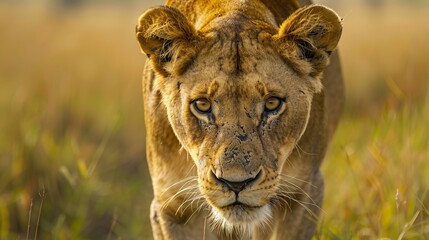 Obraz premium An intense portrait of a lion navigating through the grasslands with determined eyes. The close proximity emphasizes the lion’s strength and determination.