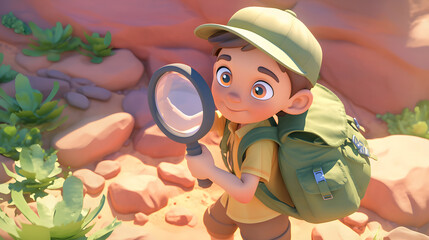 Adventure boy holding a magnifying glass, curious and eager to learn